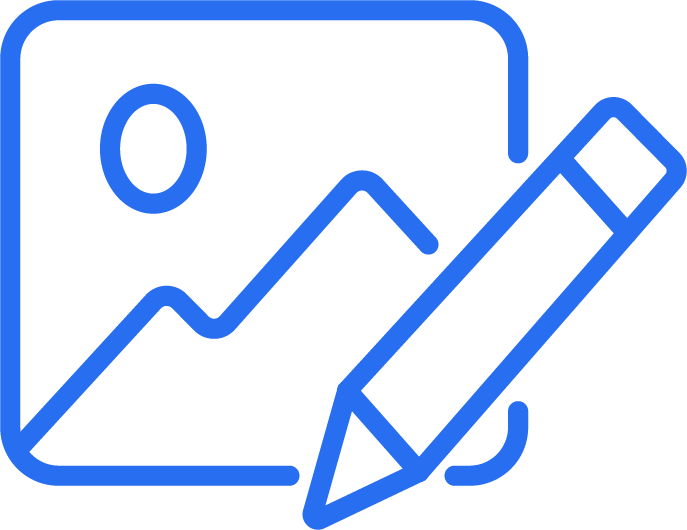Cobalt blue line icon of a pencil overlaid on media symbols, representing content creation for social media.