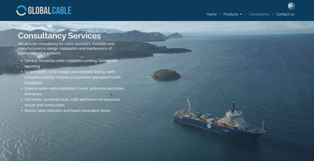 Screenshot of Global Cable’s website showing a marine vessel and a list of consultancy services for submarine cable installation and engineering.