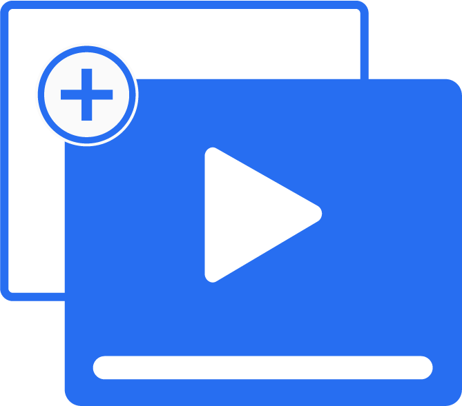Cobalt blue icon showing layered media elements to represent combining graphics with video