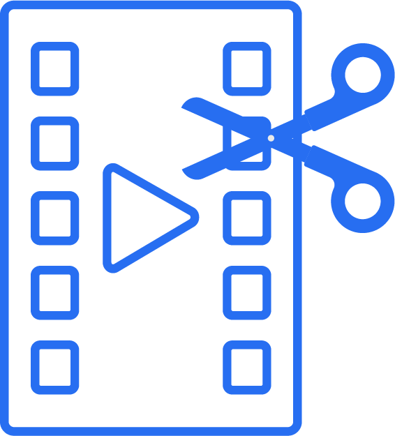 Cobalt blue icon of scissors and video strip symbolising short video editing