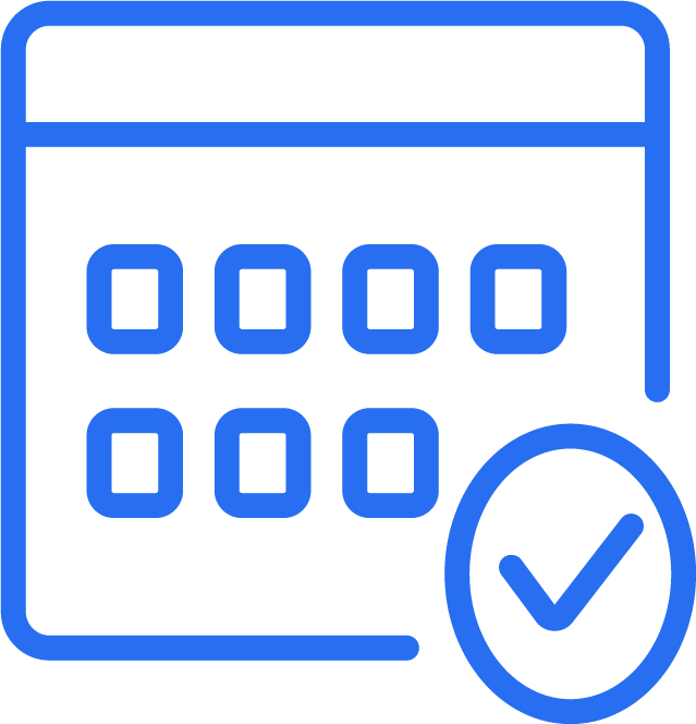 Cobalt blue line icon showing a calendar with a planning symbol representing social media scheduling.