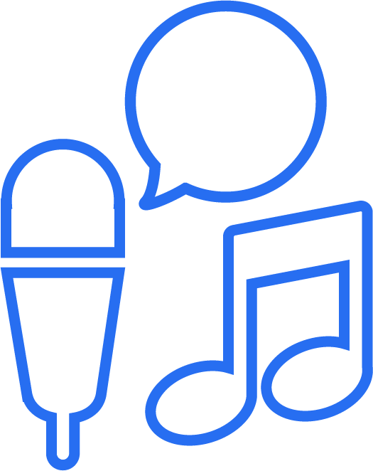 Cobalt blue icon featuring a microphone, musical note, and text bubbles for voice, music, and captions