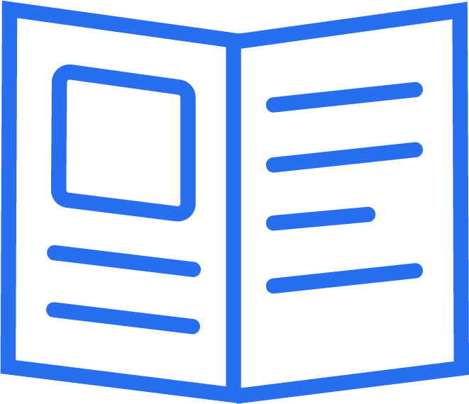 Cobalt blue icon of a folded brochure or catalogue