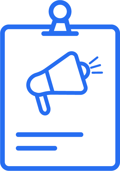 Cobalt blue line icon of a flyer with a megaphone symbol and text lines, representing promotional print design.