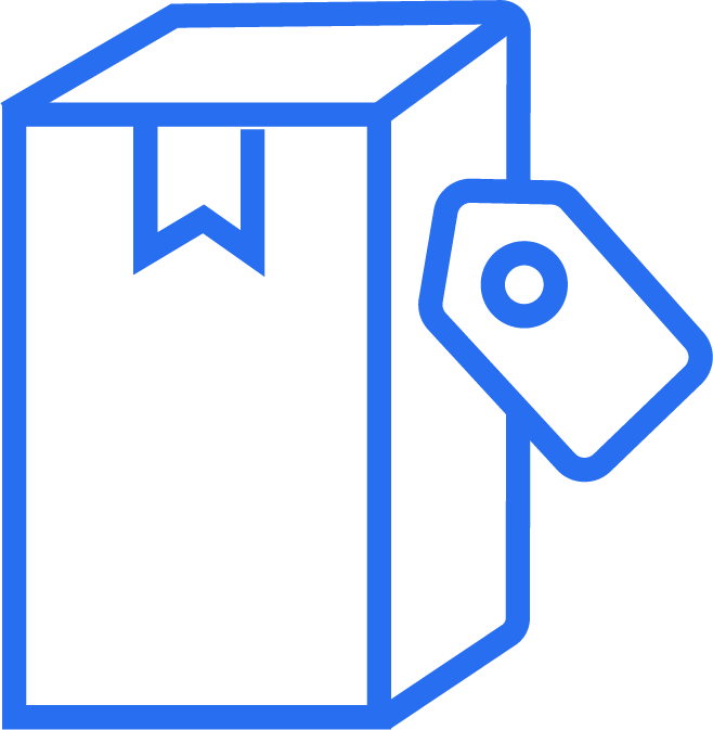 Cobalt blue icon of a product box with a label