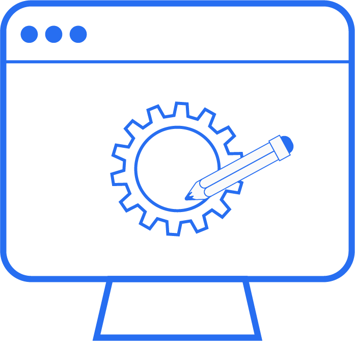 Blue line icon of a webpage with a pencil and gear, symbolising custom-built website design
