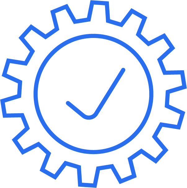 Blue icon of a gear-cog with a tick , symbolising editable and easy-to-manage websites