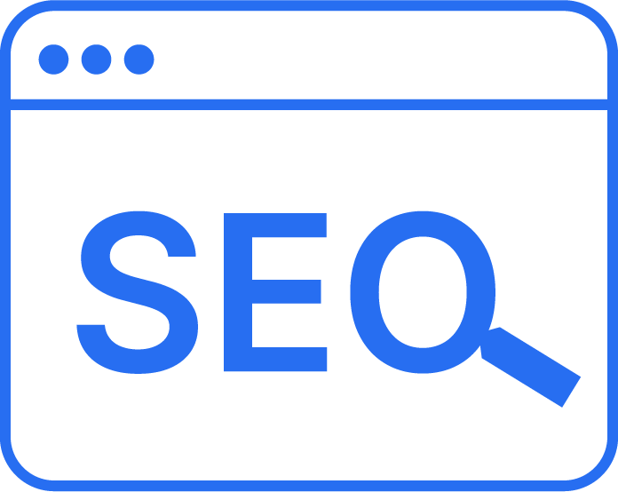 Blue line icon of a magnifying glass & SEO on a computer screen, representing search engine optimisation
