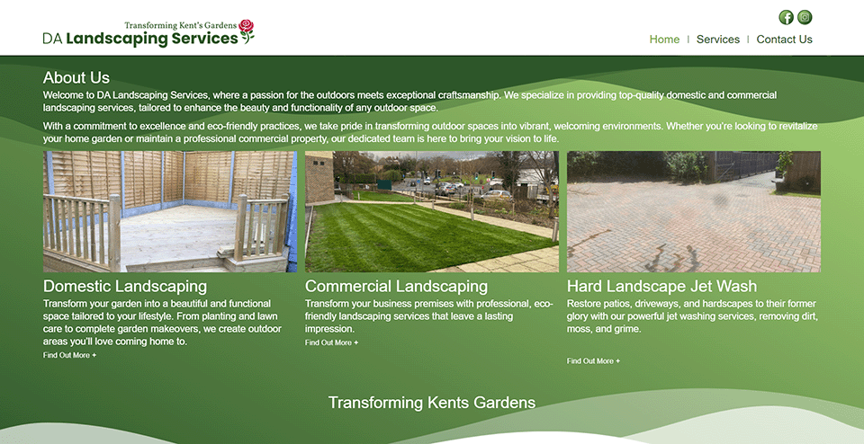 Screenshot of DA Landscaping Services website showing domestic landscaping, commercial lawn care, and hard surface jet washing with service descriptions and images